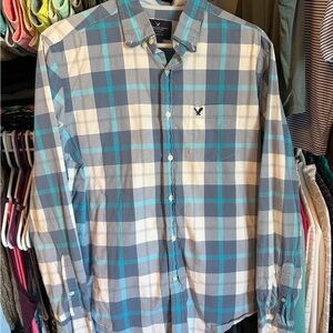 American Eagle Outfitters Men’s Blue Plaid Button-Down Shirt Vintsge Mens medium